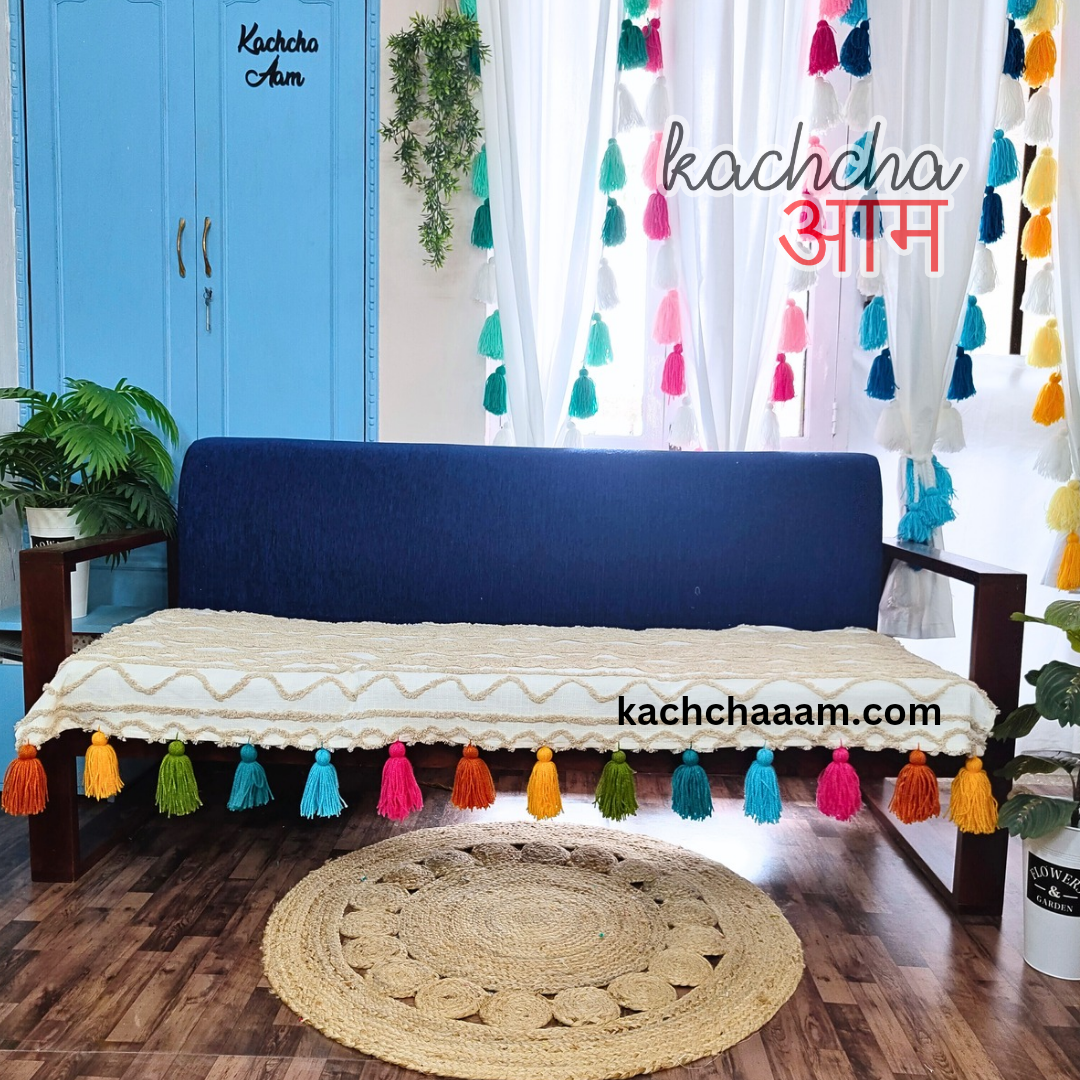 White Cotton Tufted Sofa Cover with Rainbow Tassels