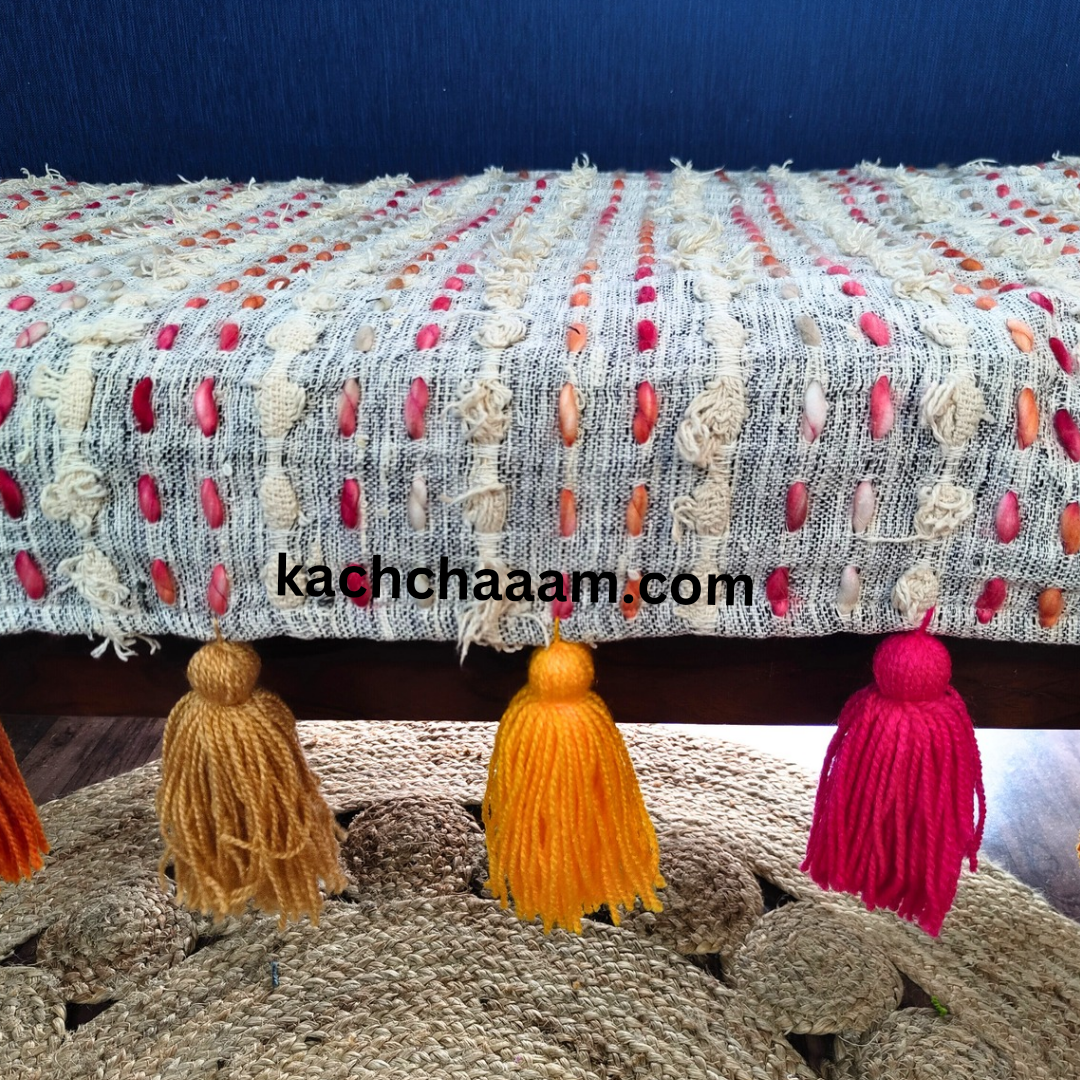 Pink Orange Slub Tufted Cotton Sofa Cover with Multi Color Tassels