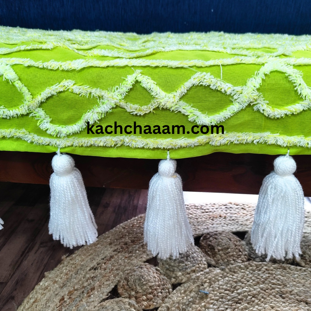 Lime Polyester Tufted Sofa Cover with White Tassels