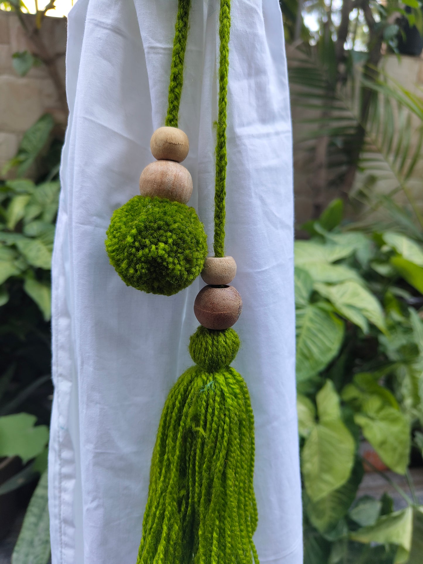 Curtain Tie Backs Green Pompom & Tassel with Wooden Beads (Set of 2)