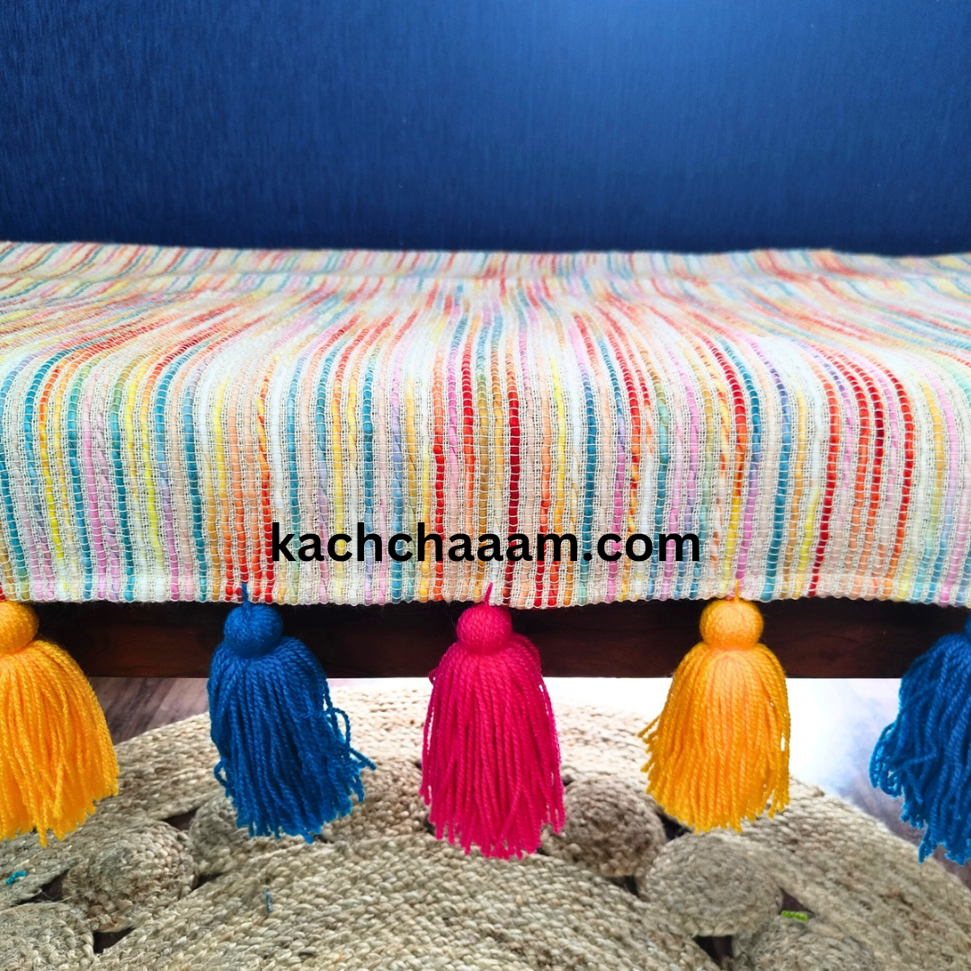 Multi color Slub Sofa Cover with Multi Color Tassels