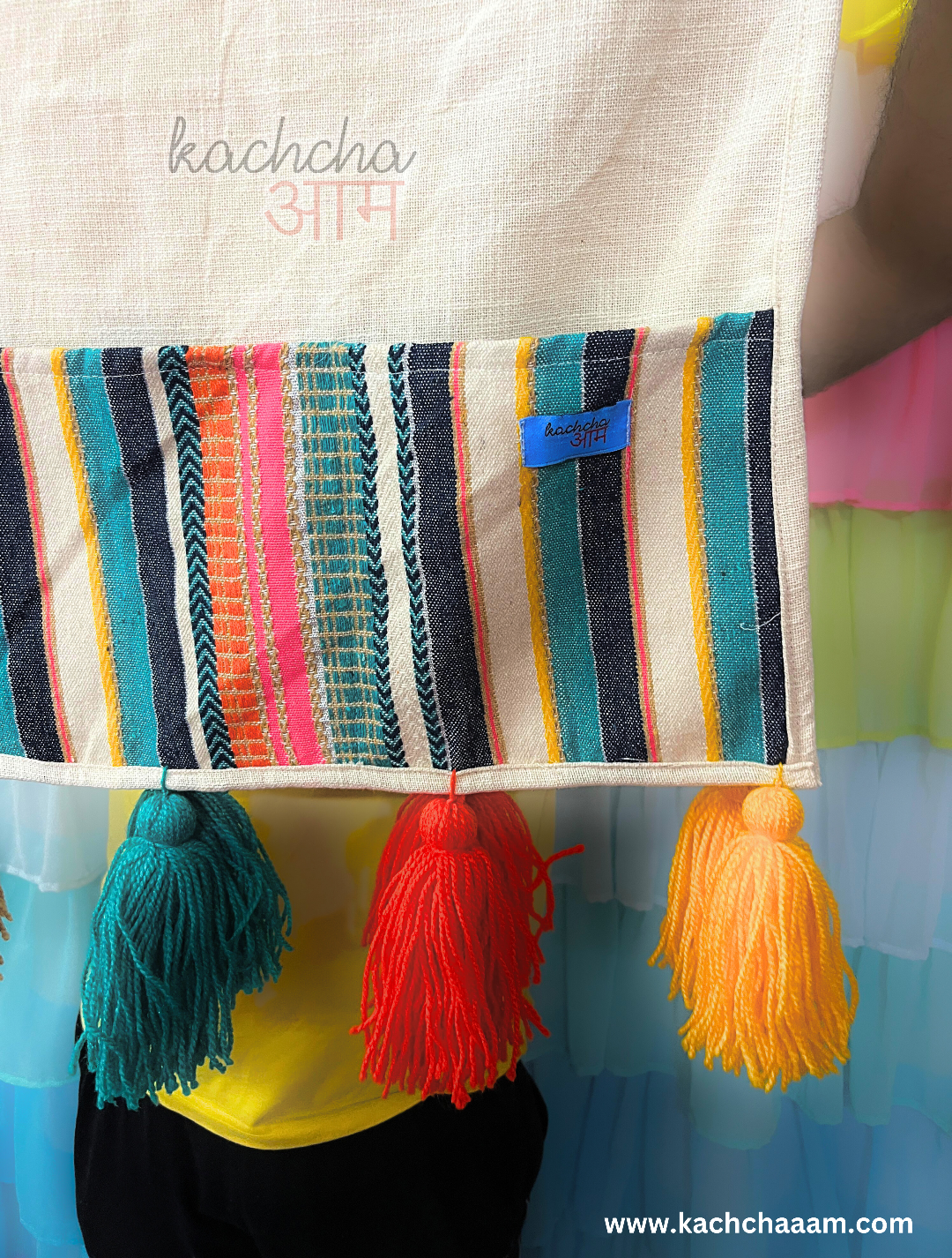 Natural Cotton Slub Solid Fridge Cover with Multi Jacquard Fabric Pockets & Multi Tassels