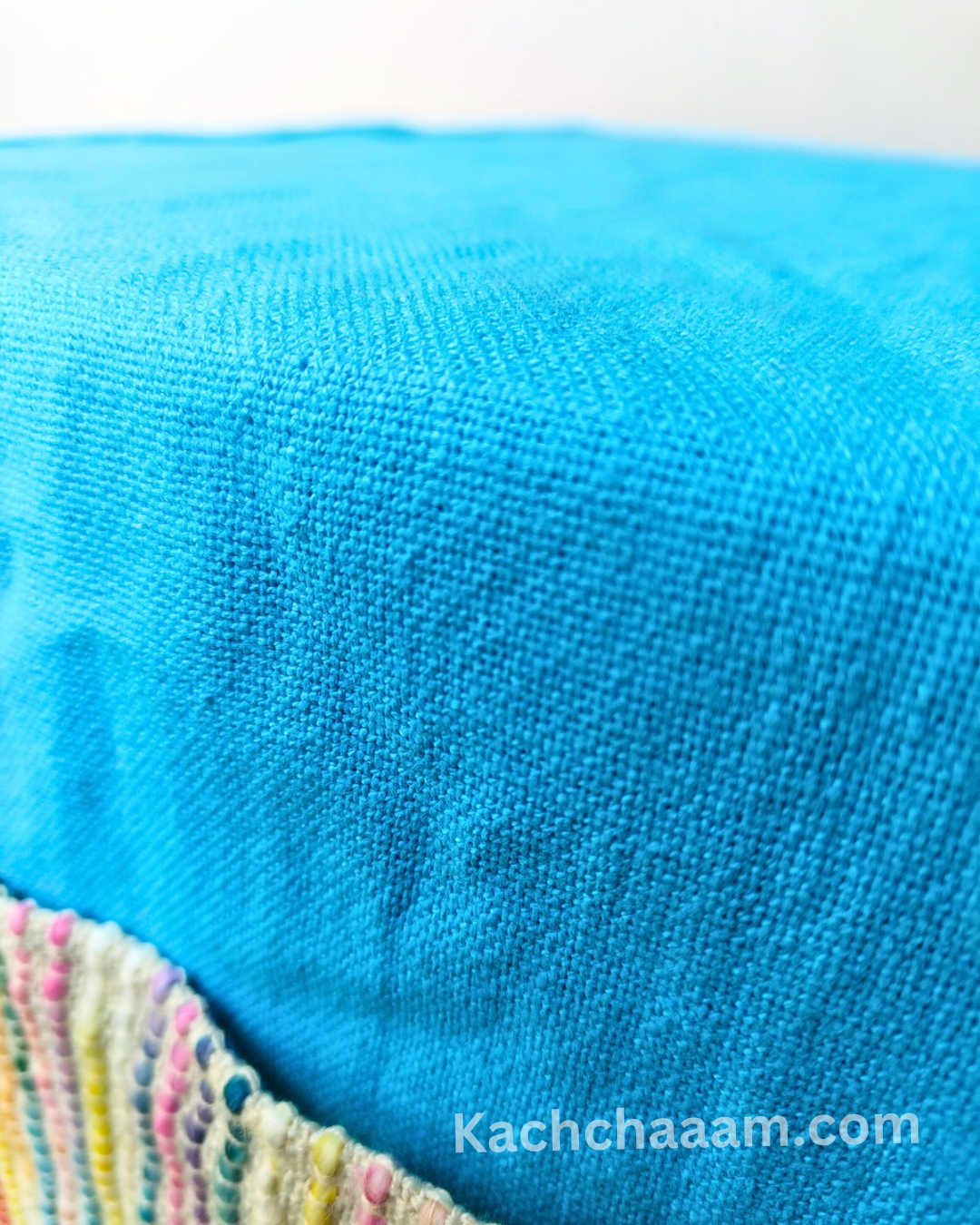 Sky Blue Cotton Slub Solid Microwave Cover with Multicolored Jacquard Fabric Pockets and Rainbow Pompom