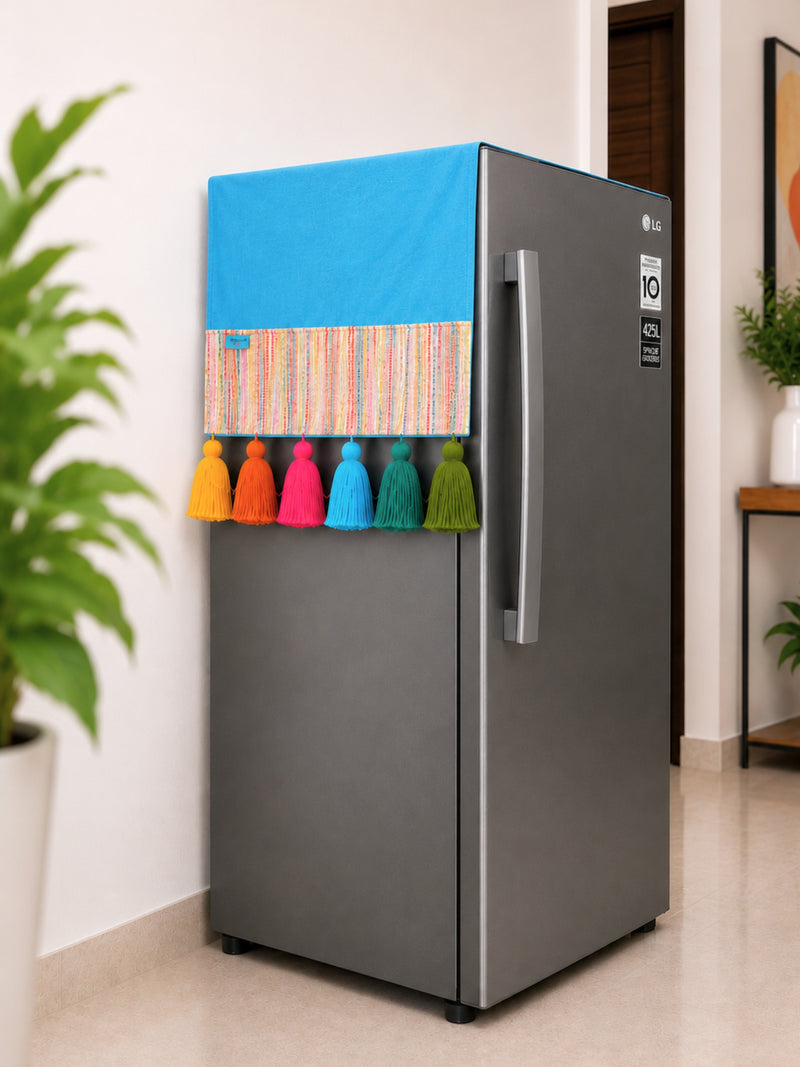 Sky Blue Cotton Slub Solid Fridge Cover with Multicolored Jacquard Fabric Pockets and Rainbow Tassel