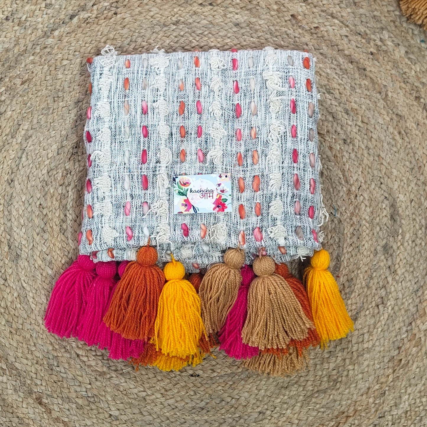 Pink Orange Slub Tufted Cotton Sofa Cover with Multi Color Tassels