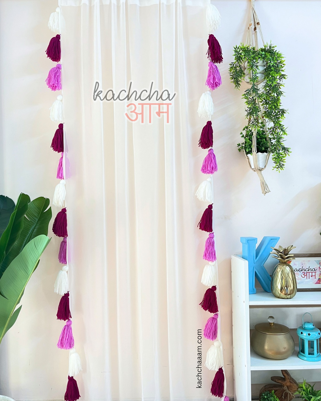 Purple Lavender Ombre Tassels White Curtains (Cotton/Sheer)