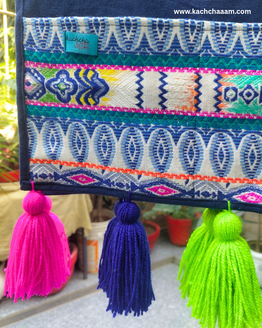 Navy Cotton Slub Solid Fridge Cover with Jacquard Fabric Pockets & Neon Tassels