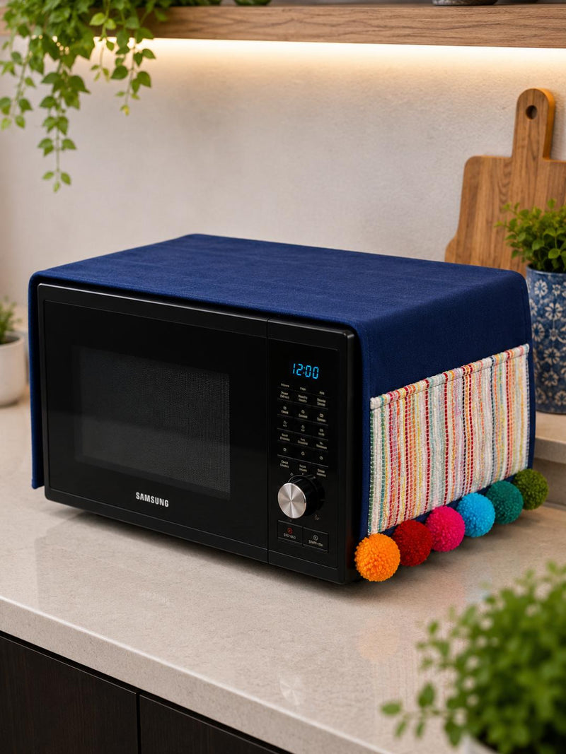 Navy Blue Cotton Slub Solid Microwave Cover with Multicolored Jacquard Fabric Pockets and Rainbow Pompom