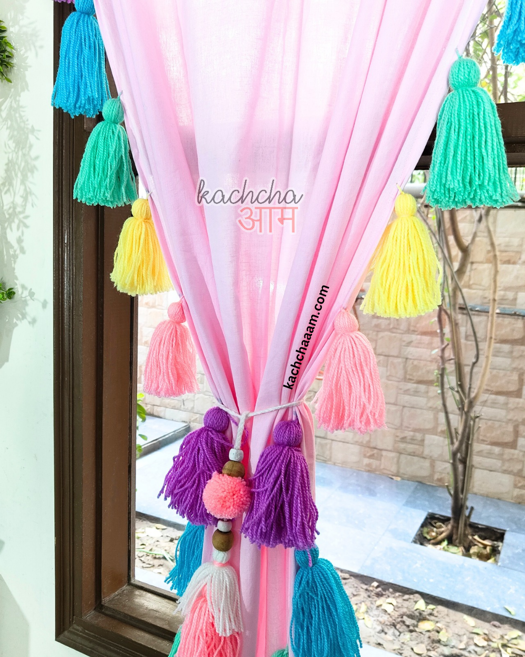 Celestial Sky Inspired Tassels Baby Pink Curtains (Cotton/Sheer)