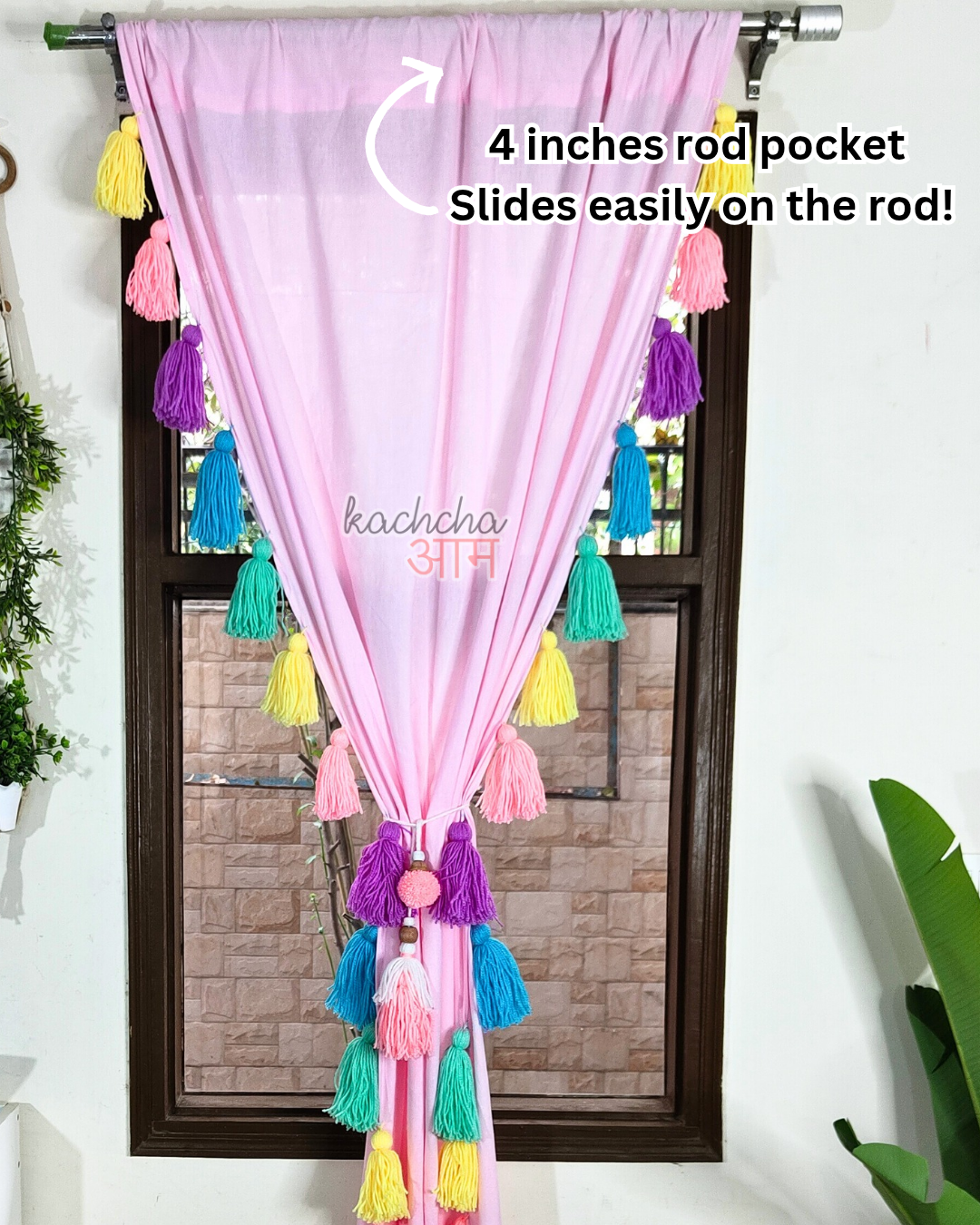 Celestial Sky Inspired Tassels Baby Pink Curtains (Cotton/Sheer)