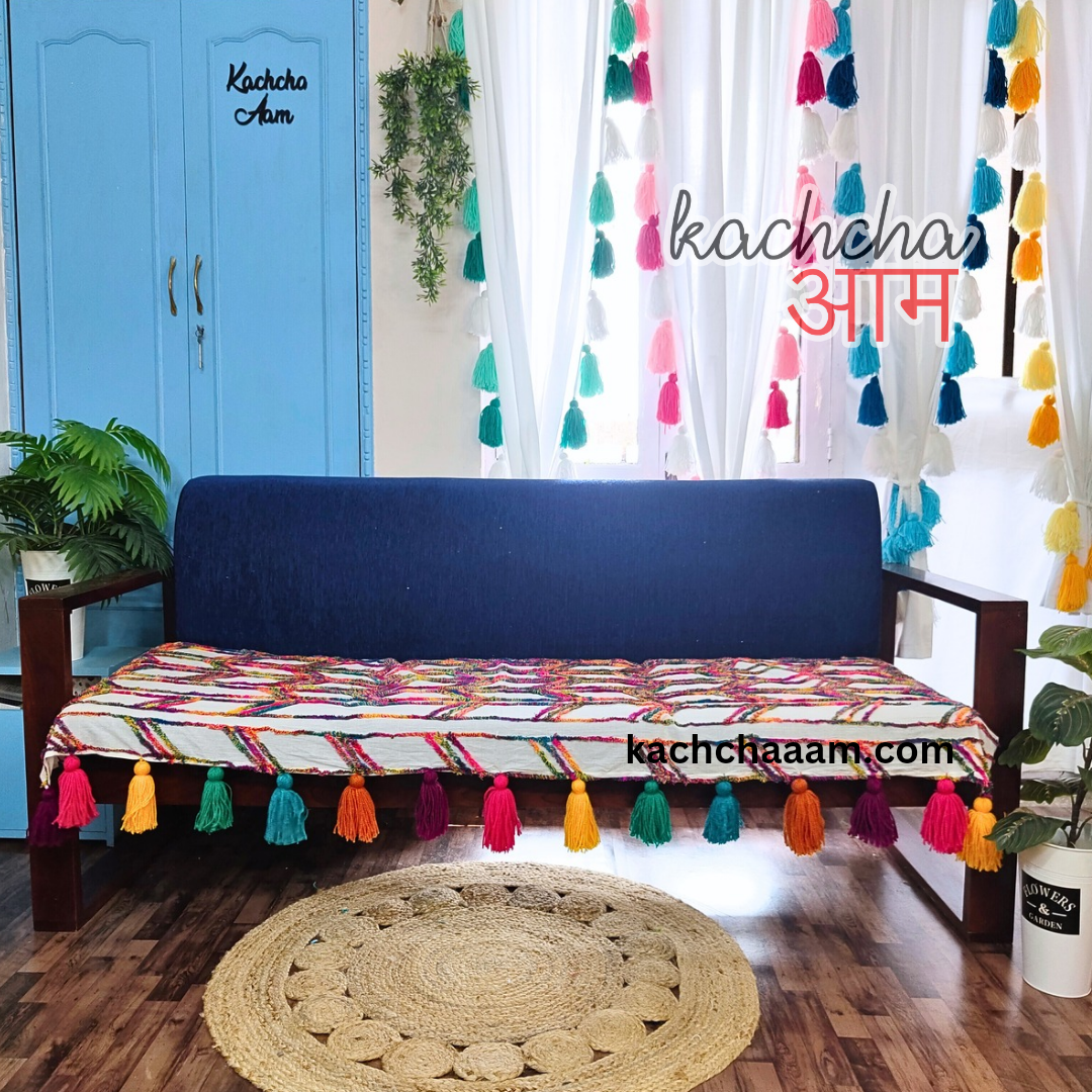 White Cotton Multi color Tufted Sofa Cover with Multi Tassel