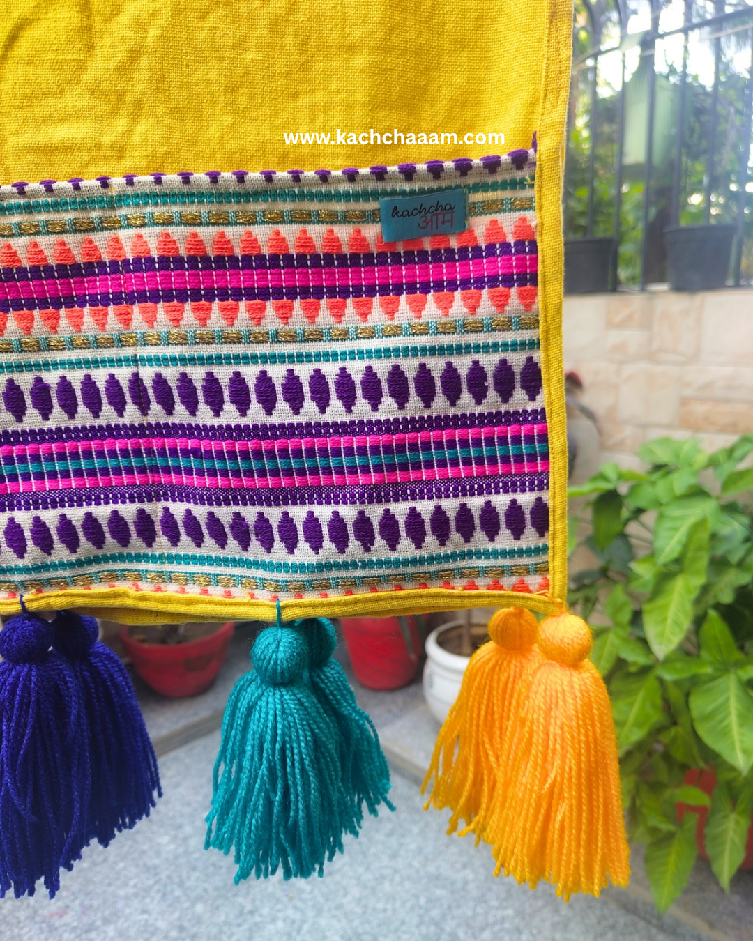 Yellow Cotton Slub Solid Fridge Cover with Purple Jacquard Fabric Pockets & Multi Tassels