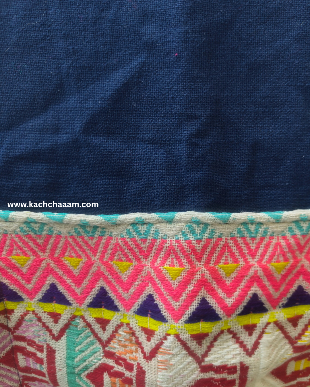 Navy Cotton Slub Solid Fridge Cover with Neon Yellow Jacquard Fabric Pockets & Neon Tassels