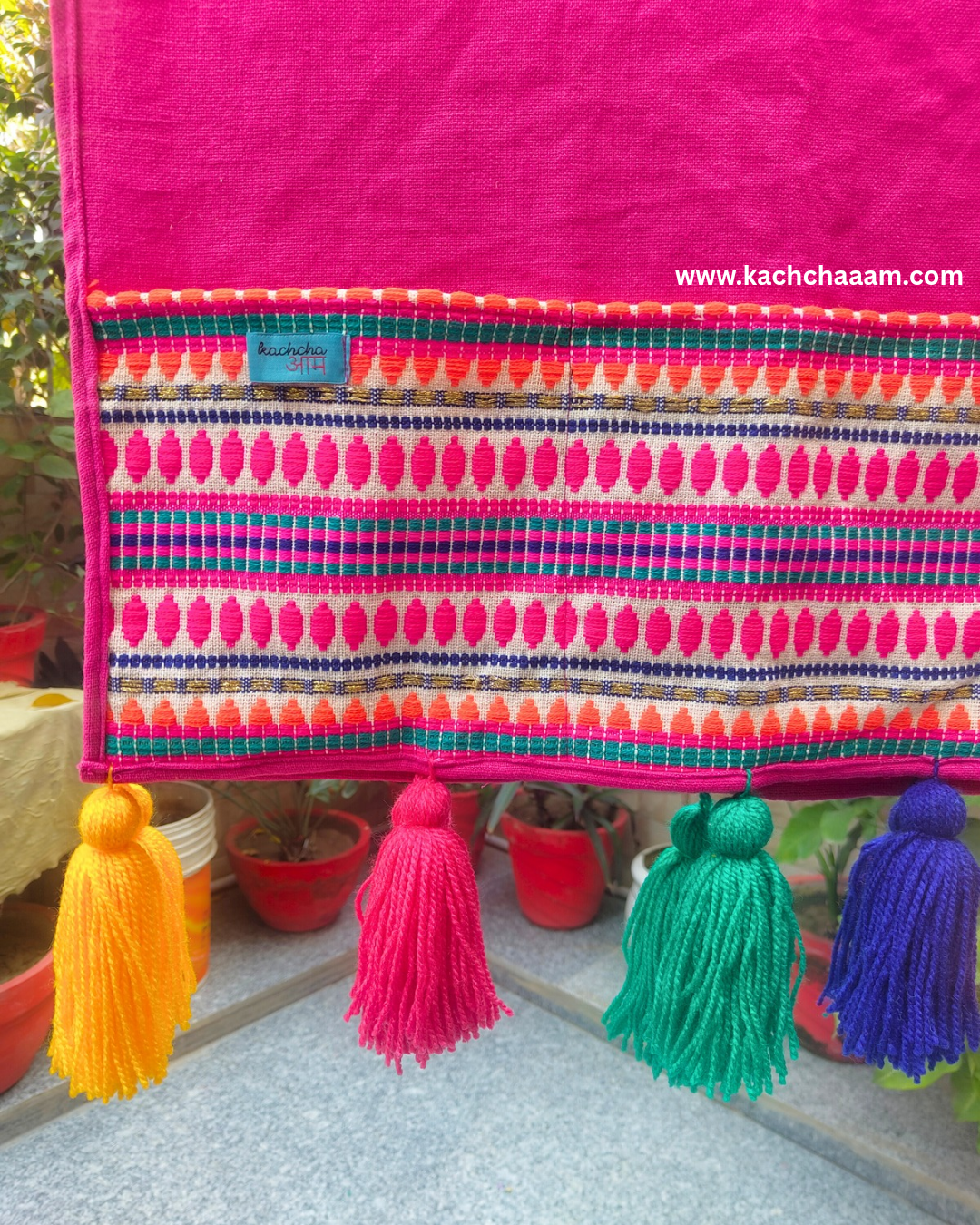 Magenta Cotton Slub Solid Fridge Cover with Magenta Jacquard Fabric Pockets & Multi Tassels