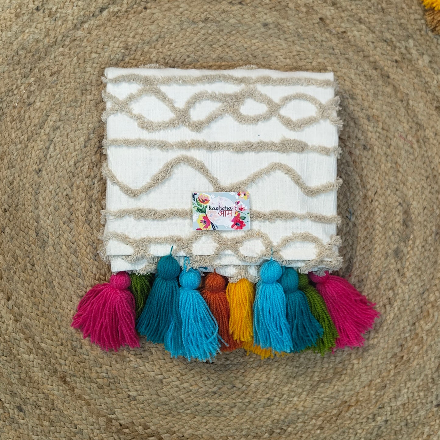 White Cotton Tufted Sofa Cover with Rainbow Tassels