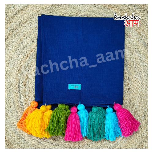 Navy Cotton Slub Sofa Cover with Multi Tassels