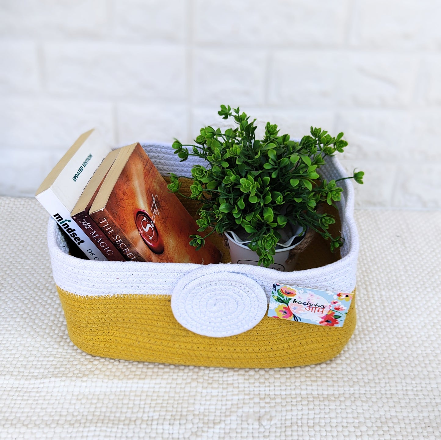 Yellow & White Rectangle Cotton Rope Organizer Basket