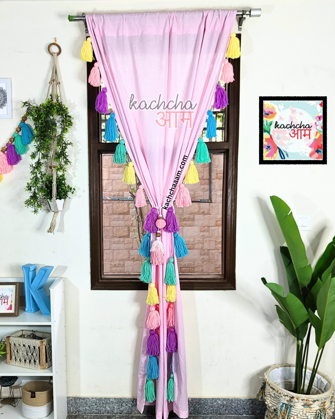 Celestial Sky Inspired Tassels Baby Pink Curtains (Cotton/Sheer)