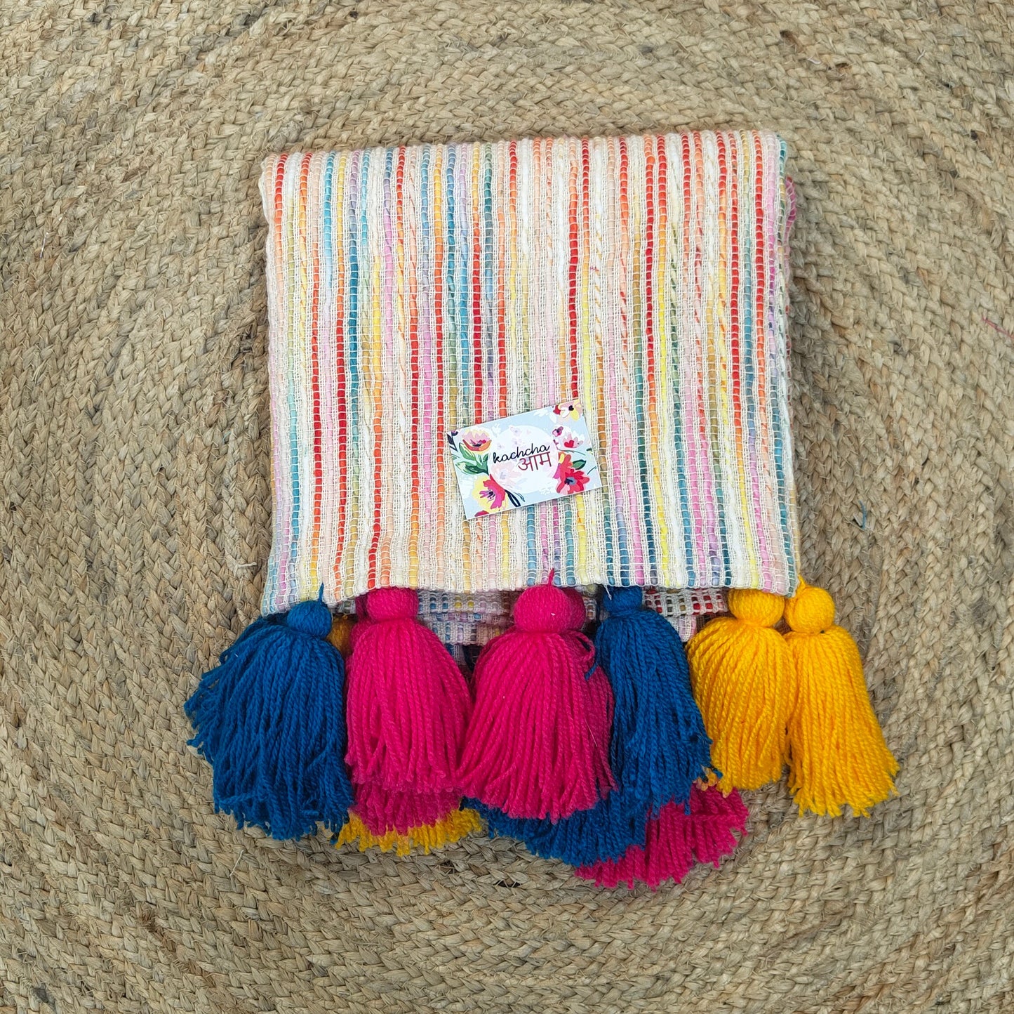 Multi color Slub Sofa Cover with Multi Color Tassels