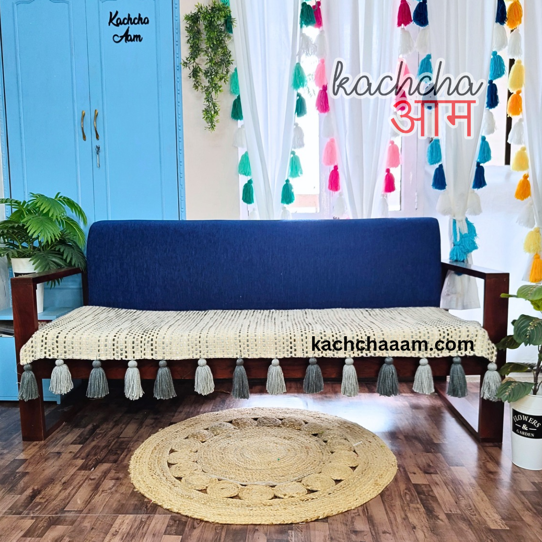 Grey Ombre Slub Cotton Sofa Cover with Grey Tassels