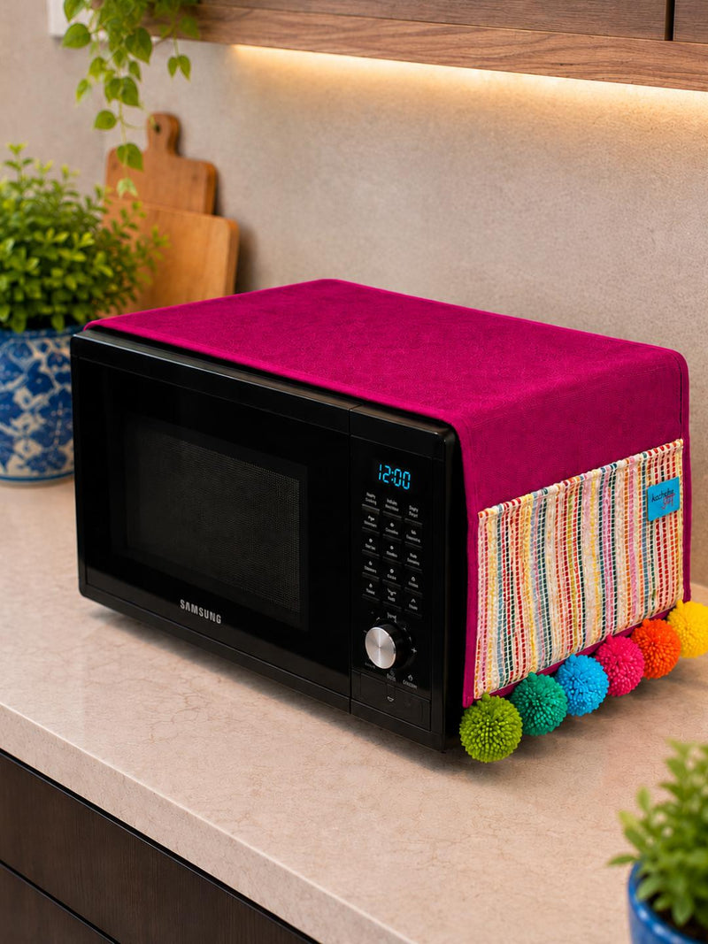 Magenta Pink Cotton Slub Solid Microwave Cover with Multicolored Jacquard Fabric Pockets and Rainbow Pompom