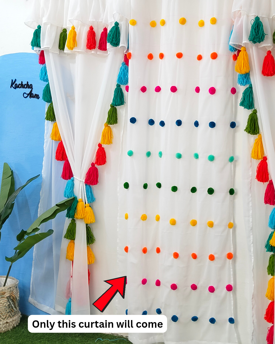 Rainbow Pompom White Curtains