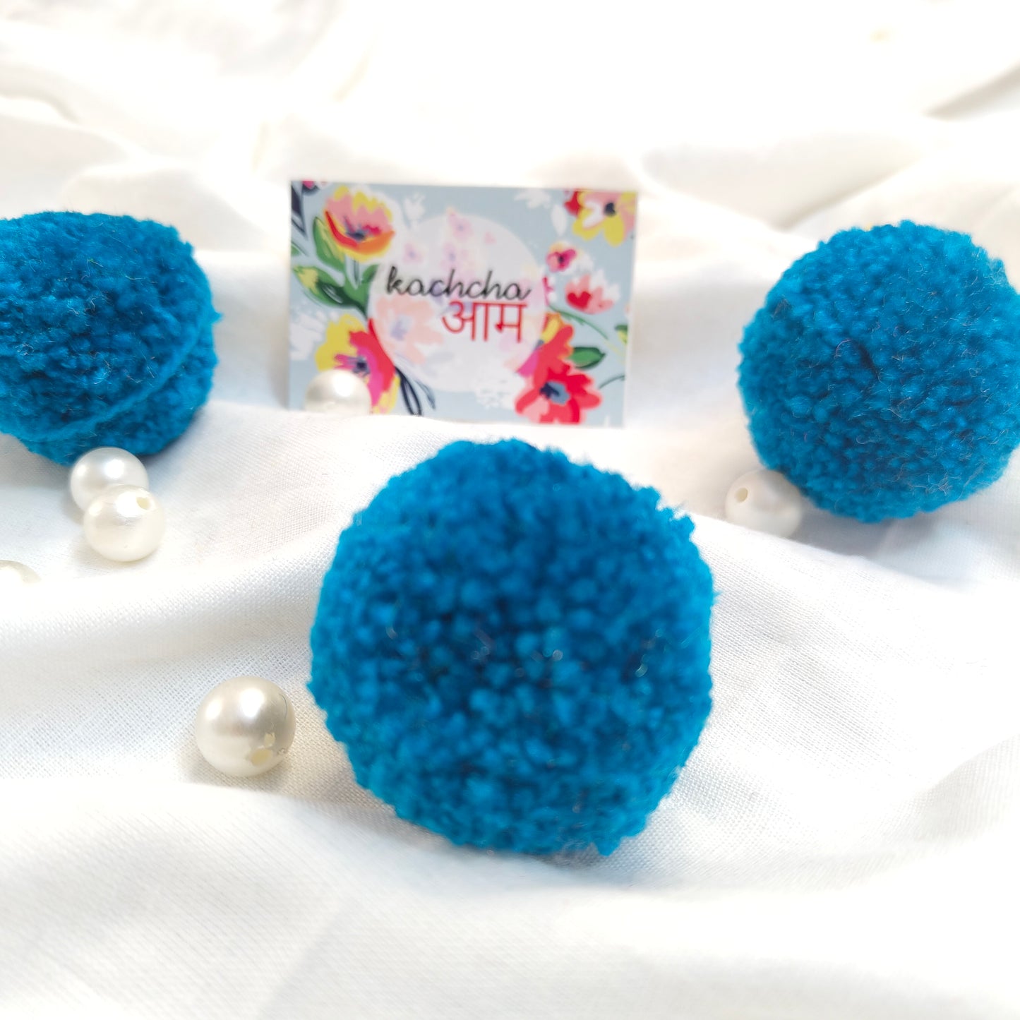 Handmade Premium wool Pompom Ocean Blue color