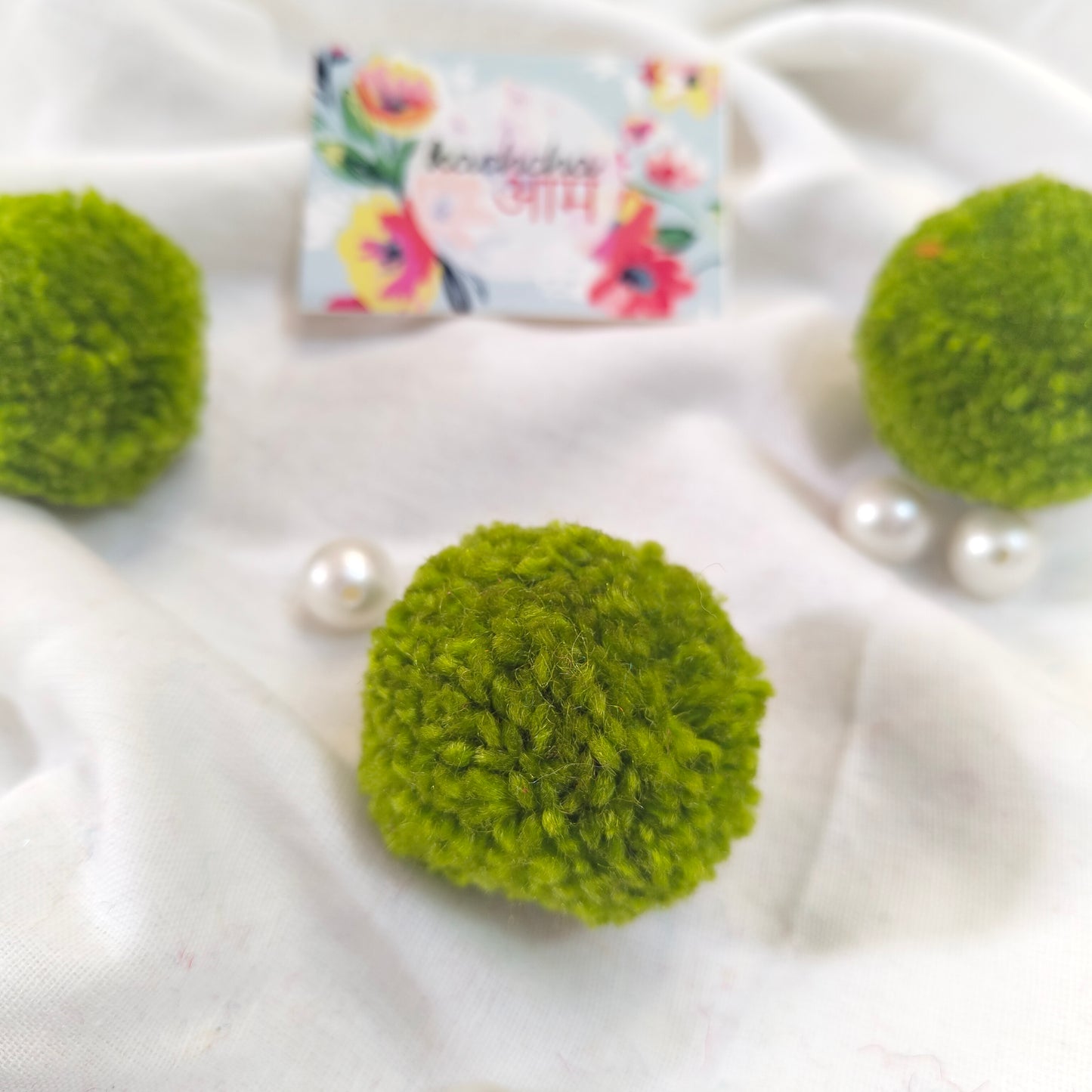 Handmade Premium wool Pompom Moss Green color