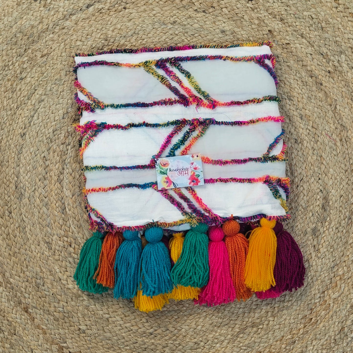White Cotton Multi color Tufted Sofa Cover with Multi Tassel