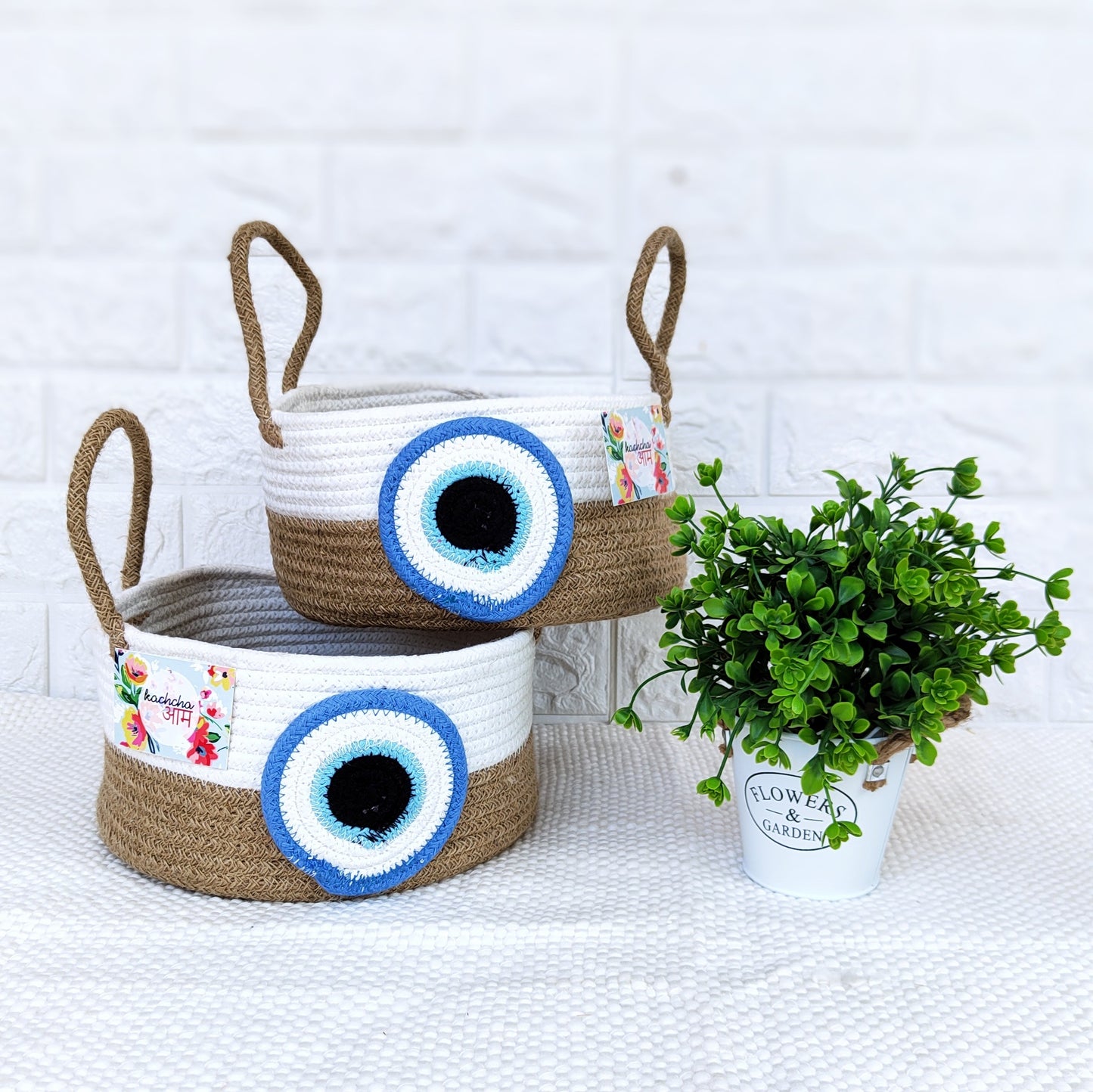 Evil Eye Jute Cotton Basket with Handles