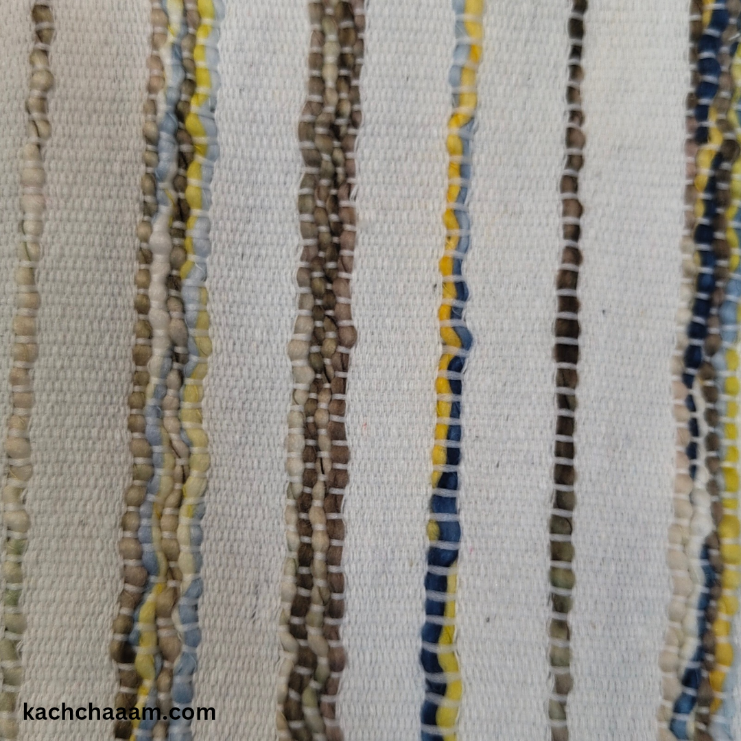 White Handloom Tassels Sofa Cover with Brown Navy Yellow Slub Design