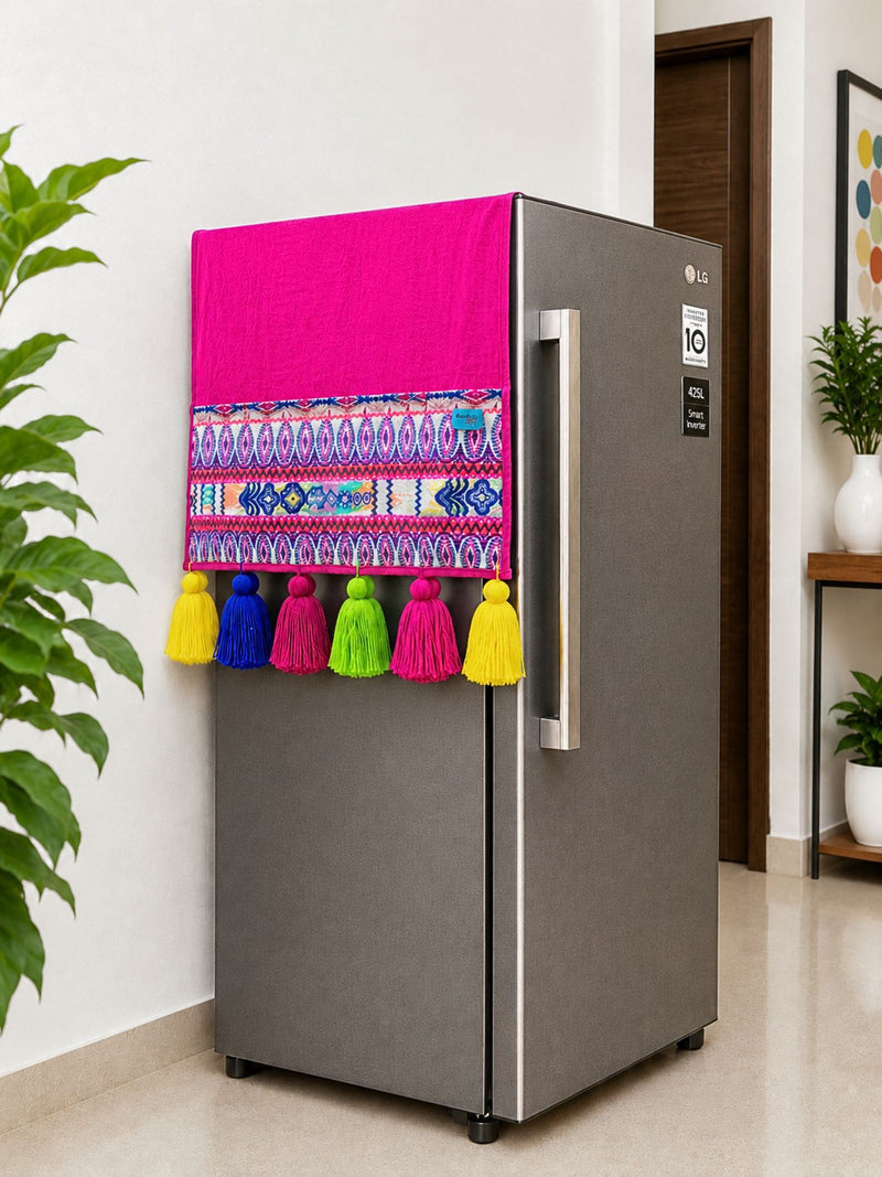 Magenta Cotton Slub Solid Fridge Cover with Purple Jacquard Fabric Pockets & Multi Tassels