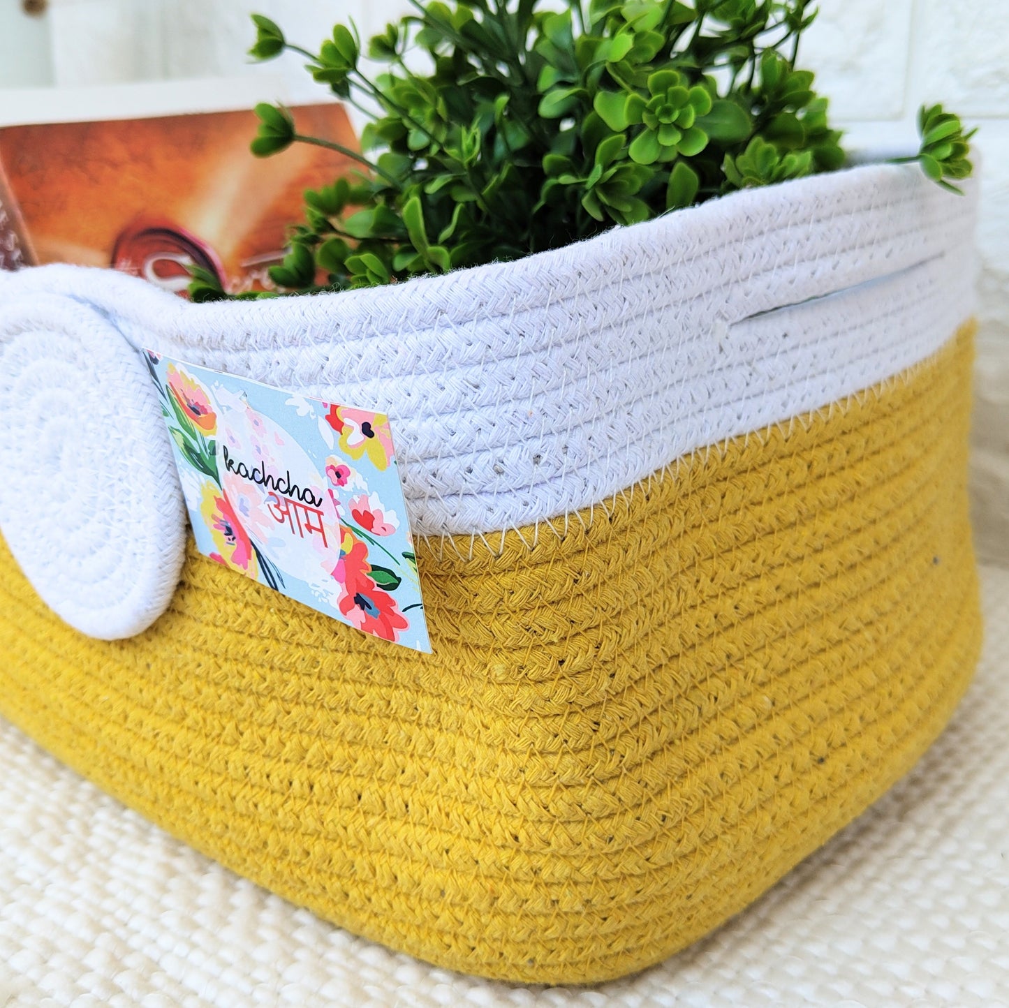Yellow & White Rectangle Cotton Rope Organizer Basket