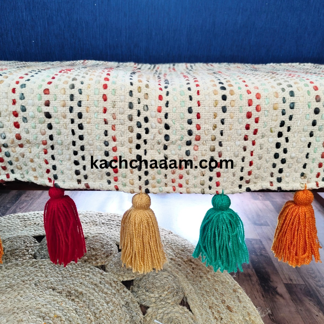 Rustic Slub Cotton Sofa Cover with Multi Tassels