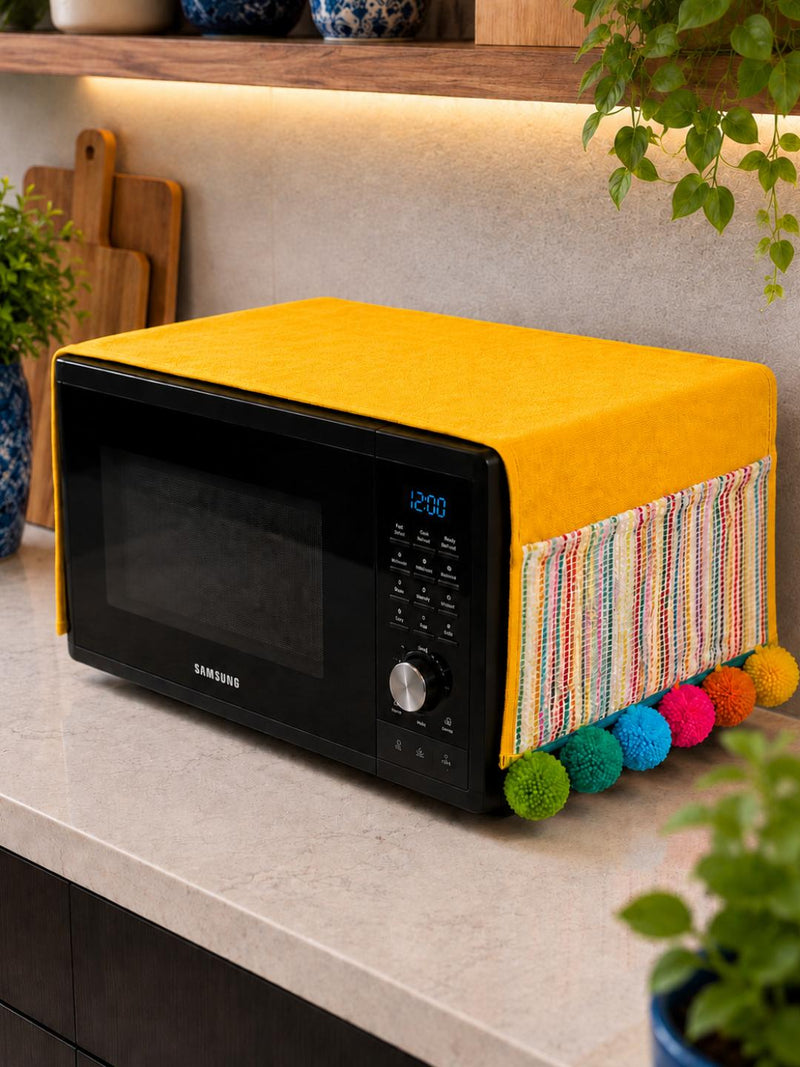 Marigold Cotton Slub Solid Microwave Cover with Multicolored Jacquard Fabric Pockets and Rainbow Pompom