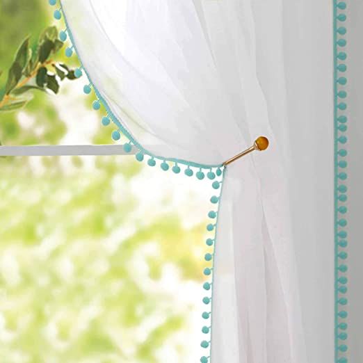 Colored Pompom Lace Modern White Cotton Curtains (7 Colors)