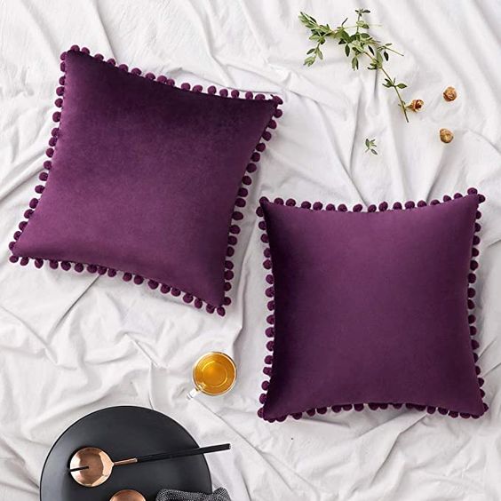 Purple Pompom Lace Cotton Cushion Cover