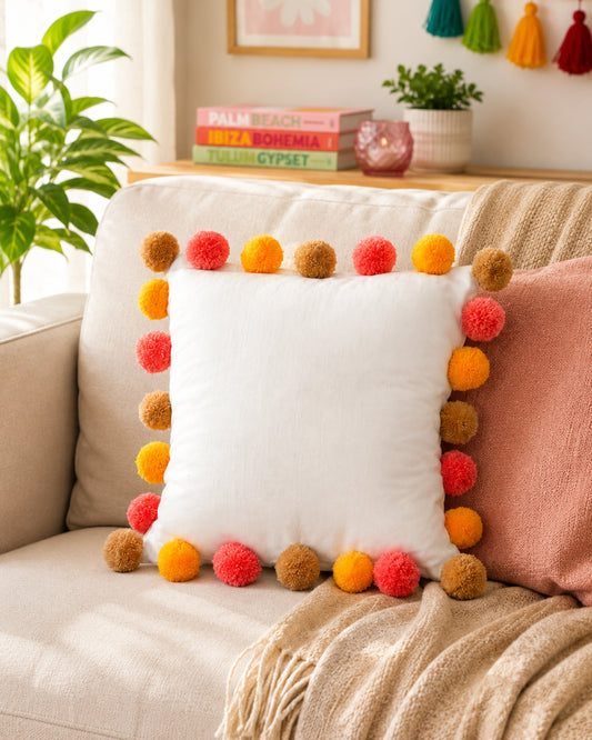 Sunset Bliss Pompom White Cotton Cushion Cover with Lining