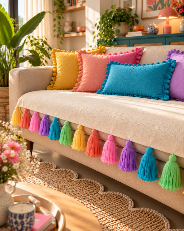 Natural Cotton Slub Sofa Cover with Celestial Tassels