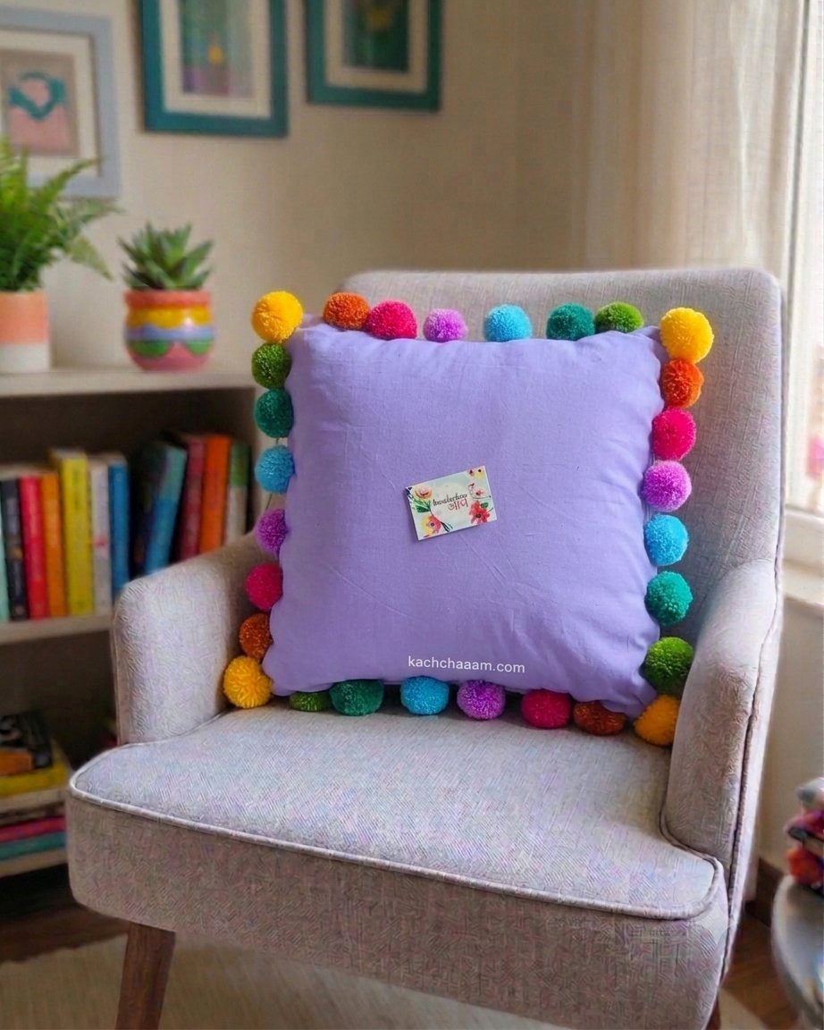 Multi Pompom Lavender Cotton Cushion Cover with Lining