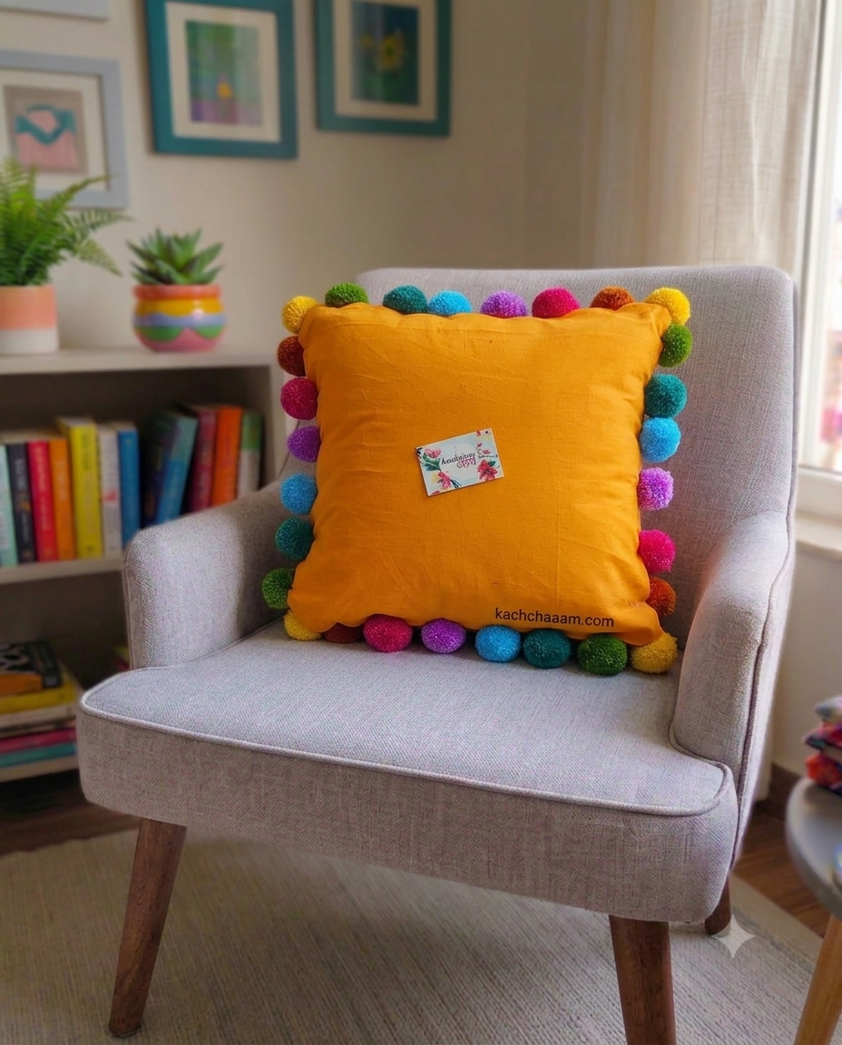 Multi Pompom Orange Cotton Cushion Cover with Lining