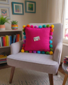 Multi Pompom Pink Cotton Cushion Cover with Lining