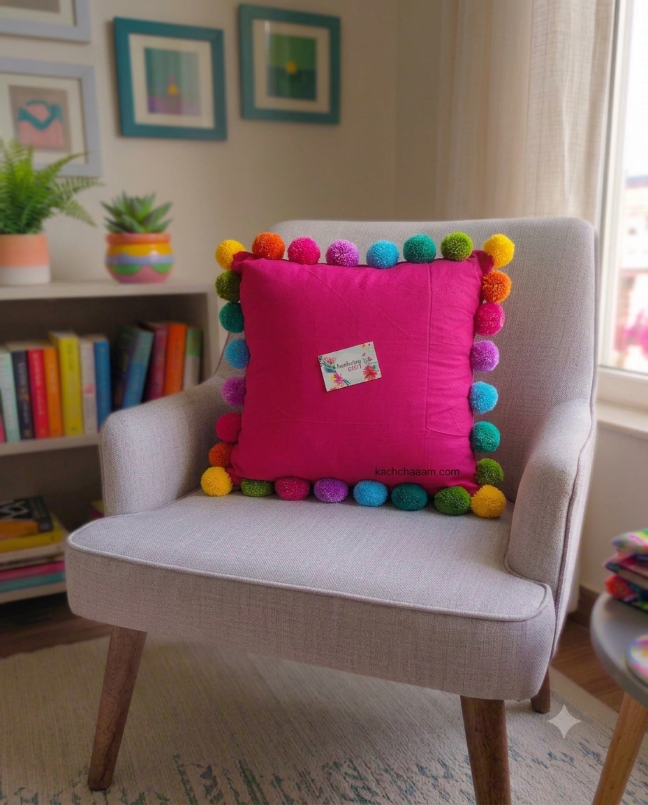 Multi Pompom Pink Cotton Cushion Cover with Lining