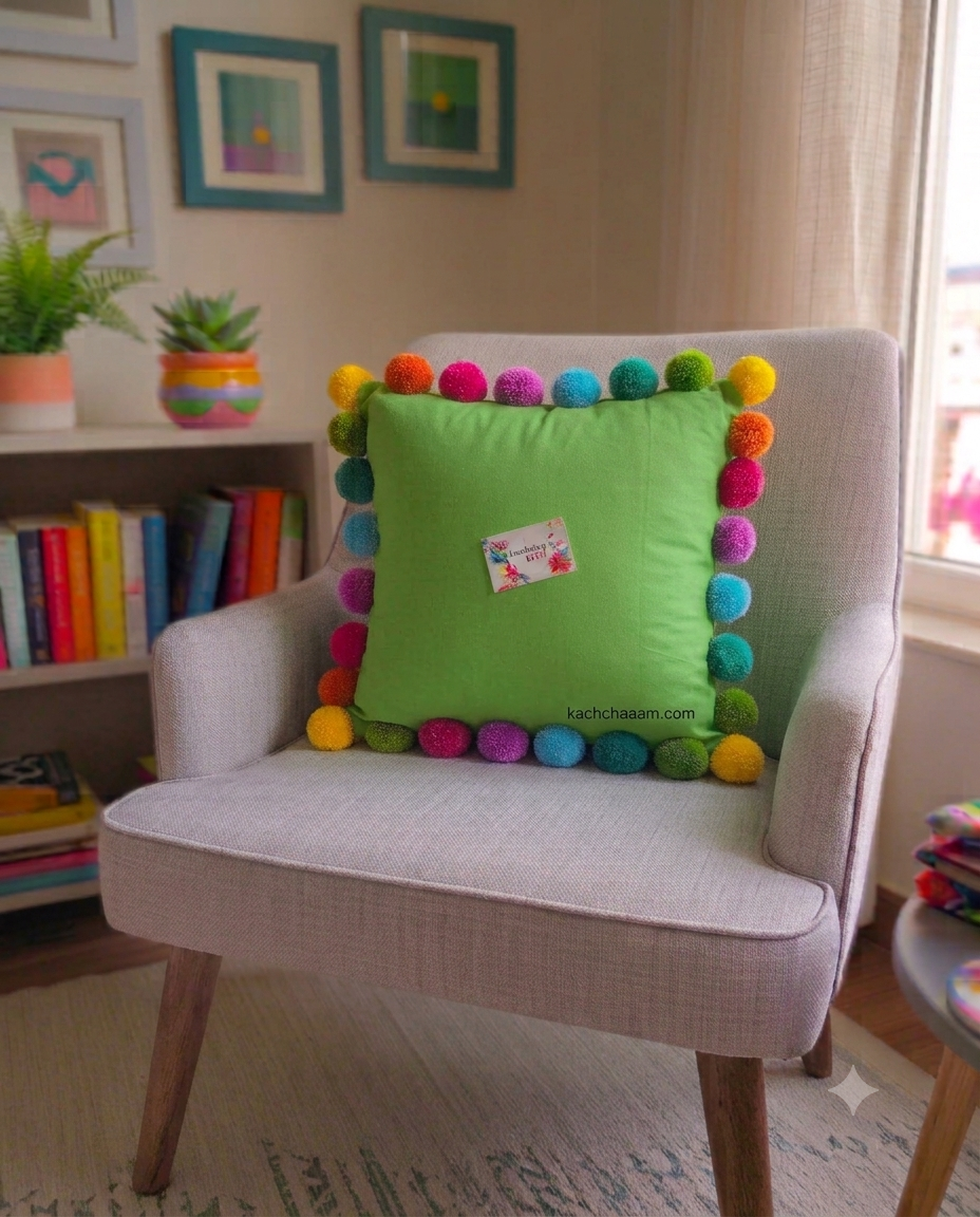 Multi Pompom Mint Green Cotton Cushion Cover with Lining