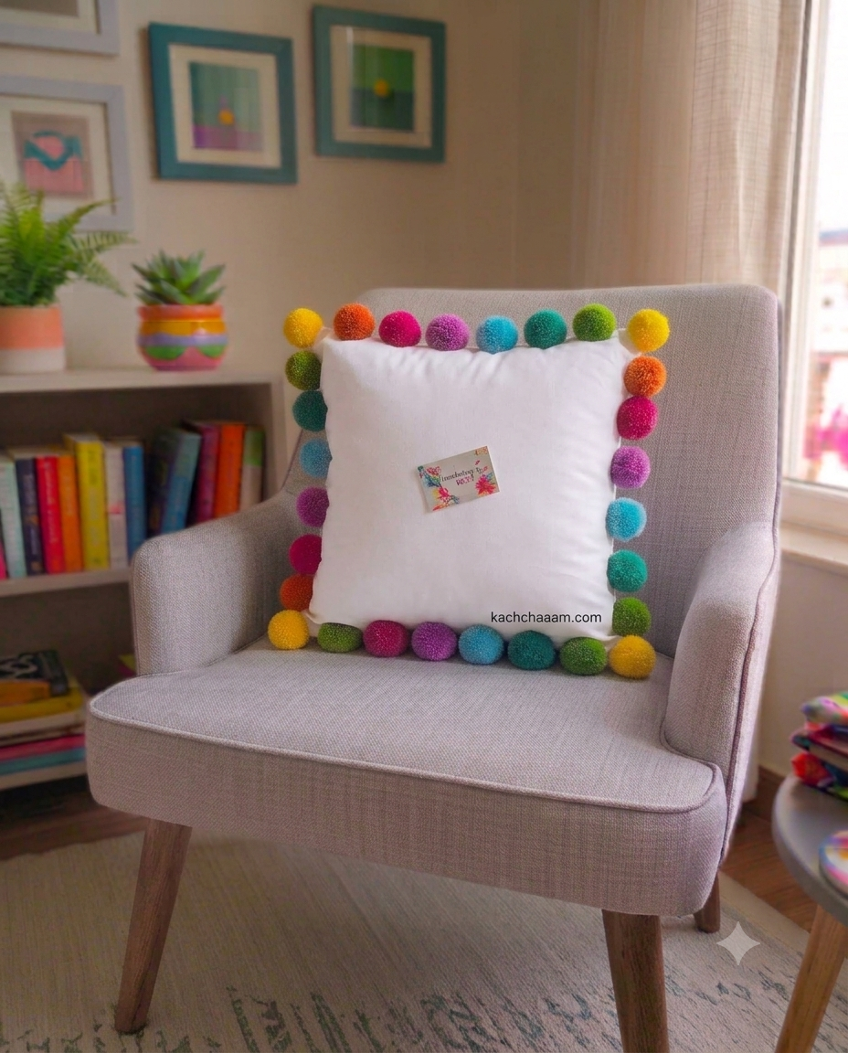 Multi Pompom White Cotton Cushion Cover with Lining