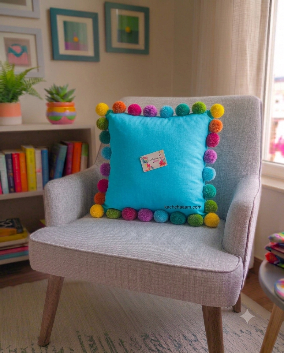Multi Pompom Sky Blue Cotton Cushion Cover with Lining