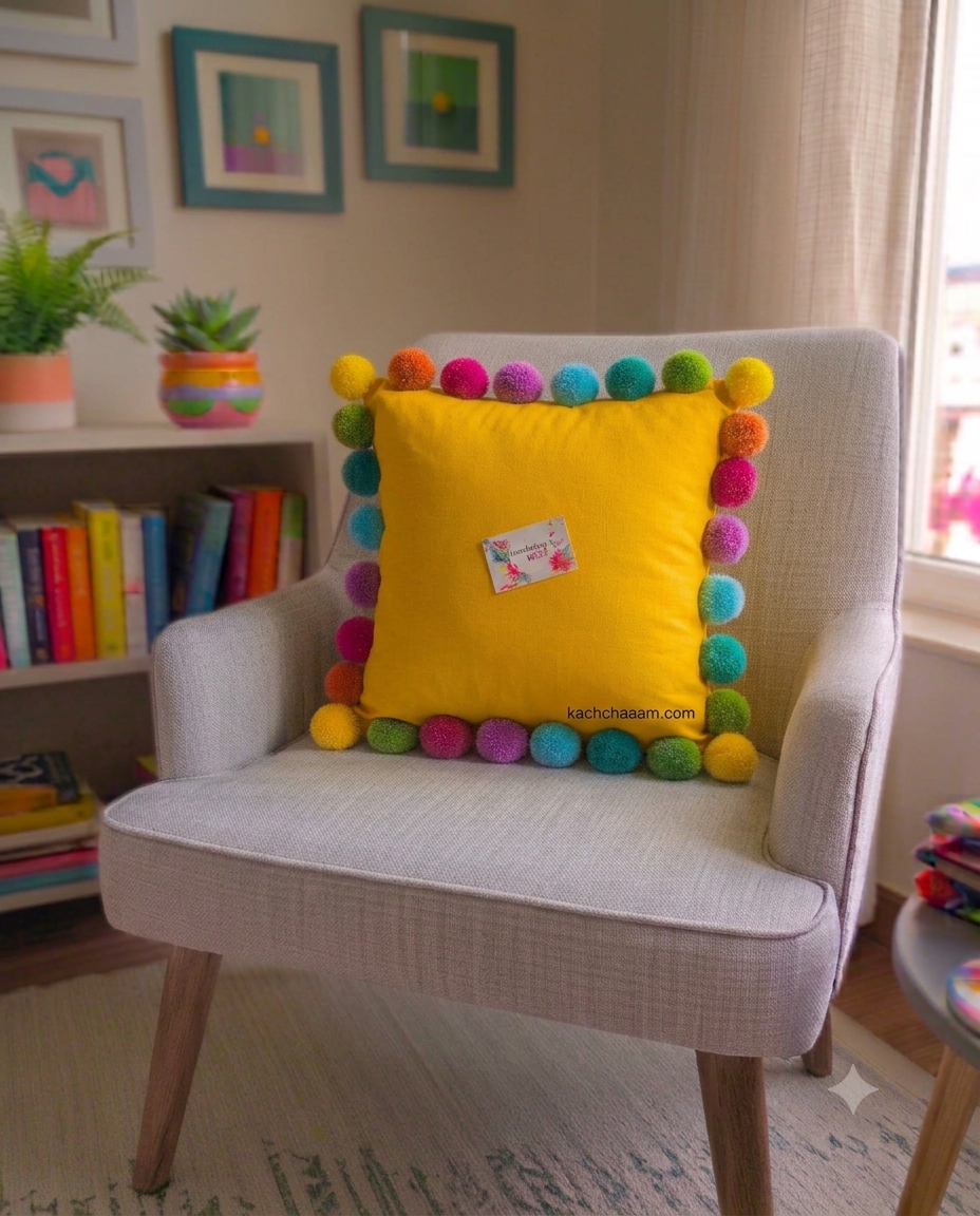 Multi Pompom Yellow Cotton Cushion Cover with Lining
