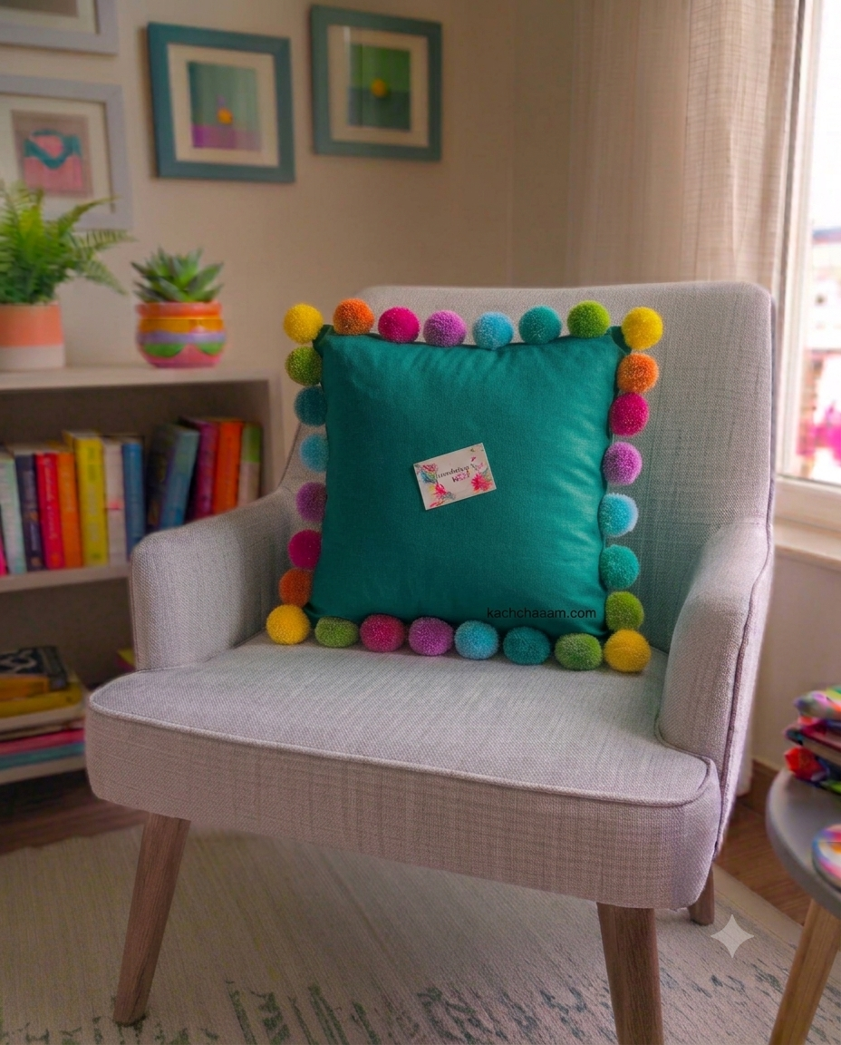 Multi Pompom Teal Cotton Cushion Cover with Lining
