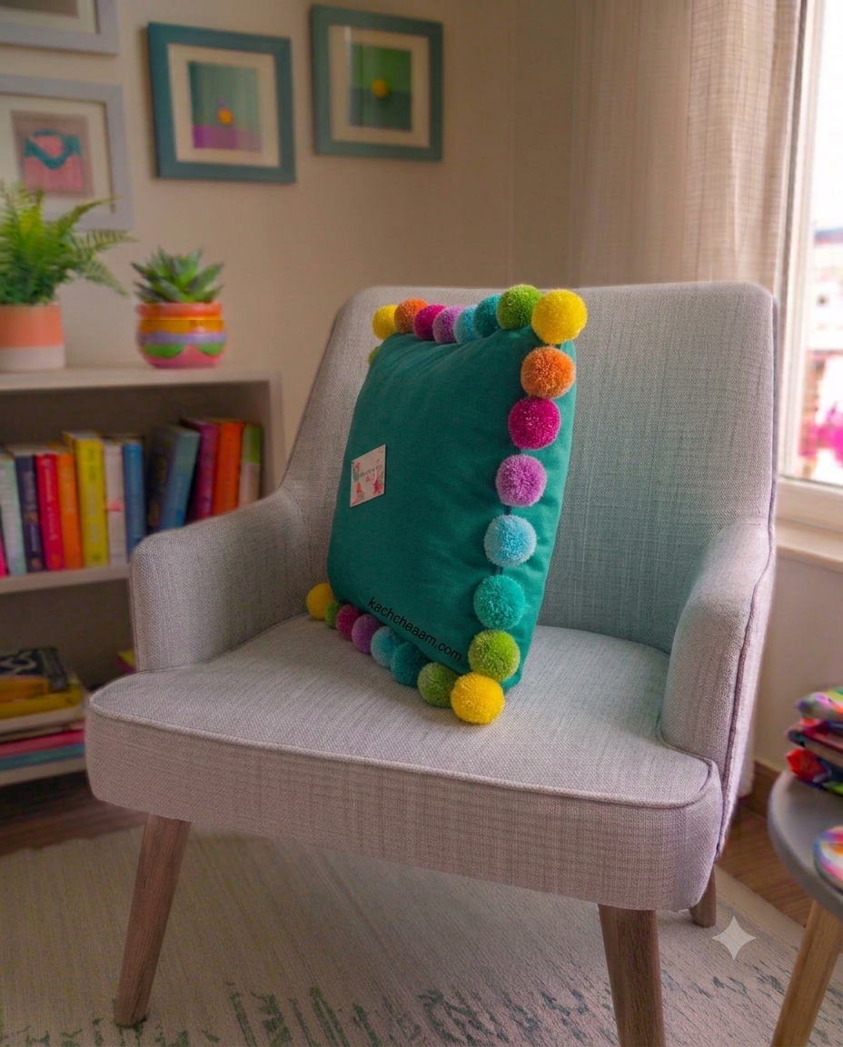 Multi Pompom Teal Cotton Cushion Cover with Lining