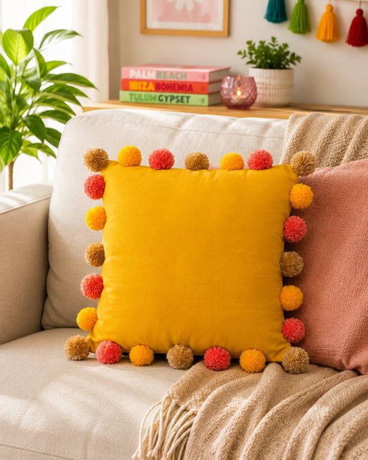 Sunset Bliss Pompom Yellow Cotton Cushion Cover with Lining
